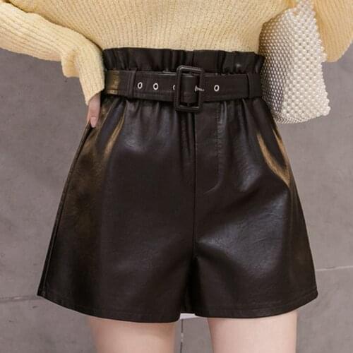 LJSXLS PU Leather Womens Shorts 2020 Autumn Winter High Waist Wide Leg Short Pants Women Sashes Streetwear Black Biker Shorts