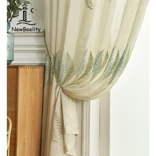Nordic Curtains For Living Dining Room Bedroom Fresh Linen Fabric Green Embroidery Curtains Finished Product Customization