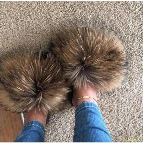 Real Fox Hair Slippers Women Fur Raccoon Fluffy Sliders Jamacia Furry Summer Flats Sweet Ladies Shoes Large Size 45 Wholesale