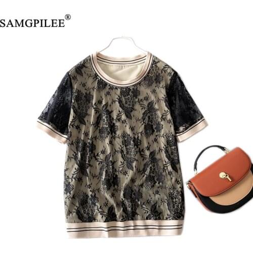 Summer T-shirts Oversized 2021 Fashion New Crochet O Neck Hollow Light Luxury Lace Patchwork Short-sleeved Women T Shirt 4XL