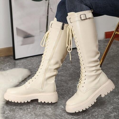 New Women Boots Mid Calf Boots Lace Up Female Long Boot Platform Thick Heels Zipper Ladies Fashion Shoe Comfortable 2021 Fashion