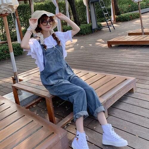 Denim Jumpsuits Women Solid Basic Overalls Korean Sweet Girls High Street Womens Office Lady Elegant Long Pants Rompers Y110