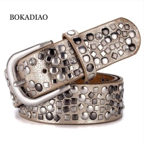 BOKADIAO women belt punk Pin buckle Vintage geometry Rivets luxury ladys original leather belts for woman waistband female belt