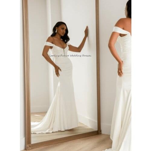 Elegant Off The Shoulder Wedding Dresses Mermaid O-Neck Sweep Train Bridal Gowns Top Pleats Lace Up Satin Beach Robe De Mariee