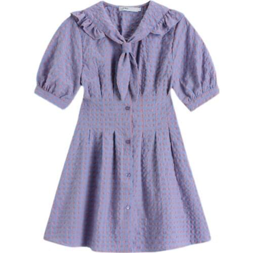 Purple Plaid Dress Women 2021 Summer Clothes Short Sleeve High Waist Crop Lady Dresses Sailor Collar Party Girl Frocks Vestidos
