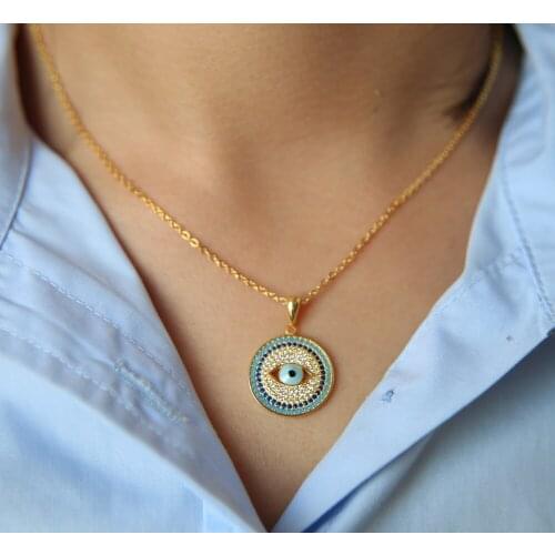 3 color round disco charm enamel eye 925 sterling silver fine jewelry top quality full stone paved luxury lucky women necklace