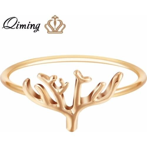 QIMING Tiny Midi Tree Ring Women Handmade Vintage Engagement Wedding Jewelry Accessories Gold Rings Baby Gift