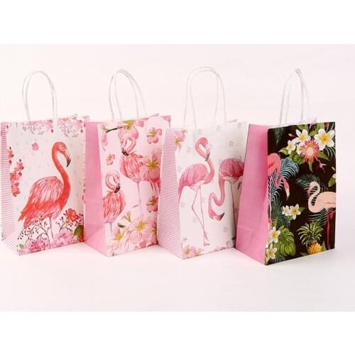 12pcs Flamingo Theme Kraft Paper Bags Food Candy Gift Packaging Bags Baby Shower Kids Birthday Party Favors Decoration Supplies