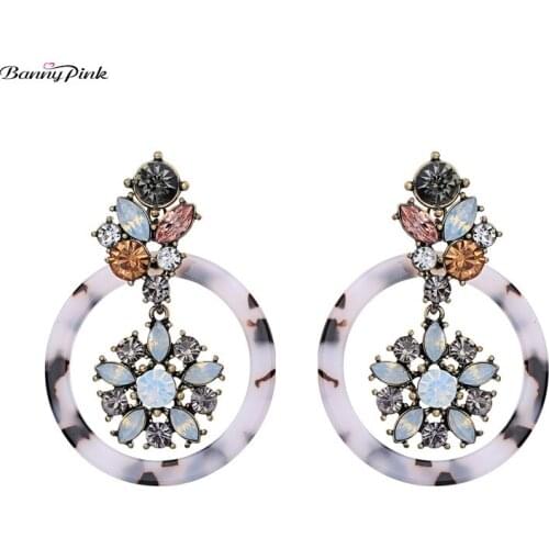 Banny Pink Boho Leo-Printpard Geometric Round Circle Stud Earrings Retro Rhinestone Statement Post Earrings Women Flower Earring