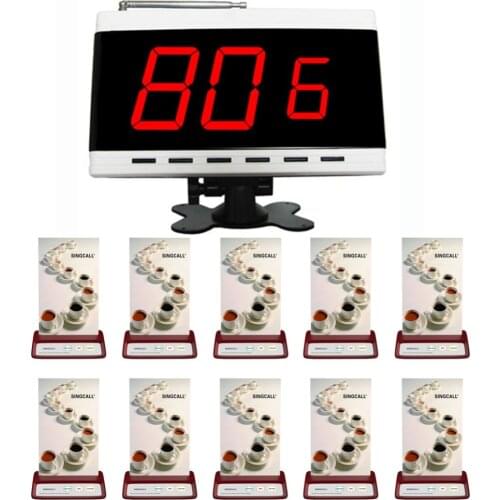 SINGCALL Wireless Bell Calling Waiter System, 1 Display Receiver, 10pcs Table Buttons with 3 Red Keys APE130