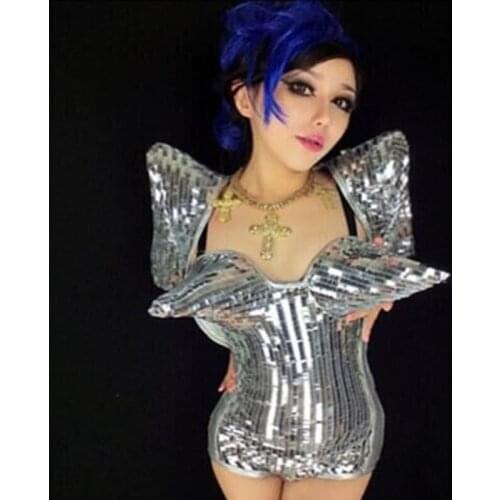 Sparkly silver costume Girl Nightclub female singer DJ bar pointed chest 2 piece shrug shimmering sequins costume set