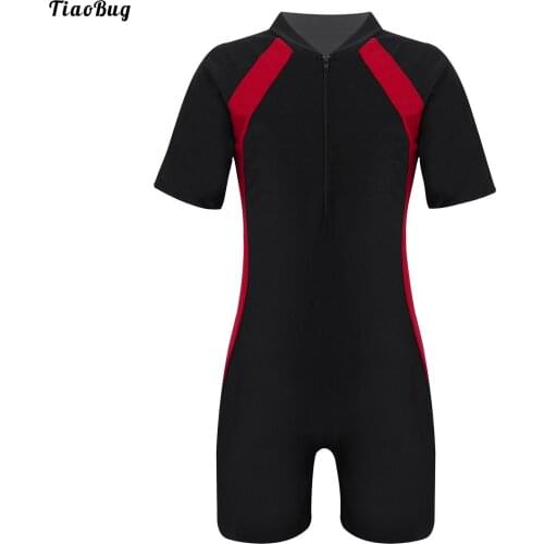 TiaoBug Summer Kids Girls Boys One-Piece Swimwear Bodysuit Stand Collar Short Sleeves Swimming Bathing Pool Beach Short Jumpsuit