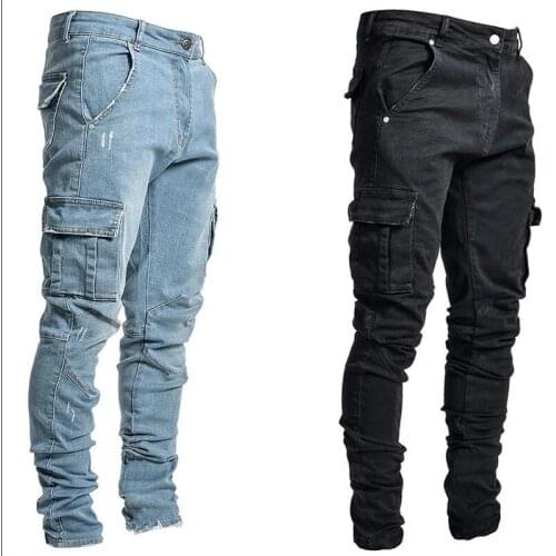 Lugentolo Streetwear Men Jeans Fall Fashion Mid Waist Side Pockets Little Feet Skinny Jeans Zipper Fly Casual Men Clothing