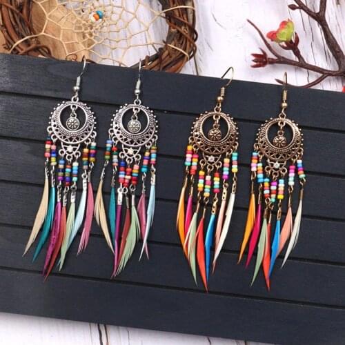 Personality Bohemian Colorful Beads Feather Tassel Earrings For Women Vintage Boho Earrings Geometric Dangle Earrings