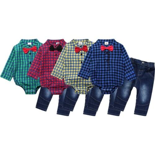 For Newborn Romper Clothes Set New Wholesale Gentleman Plaid T-Shirt+Jeans For Baby Boy Toddler Kid Bodysuit Set Infant 6-24M