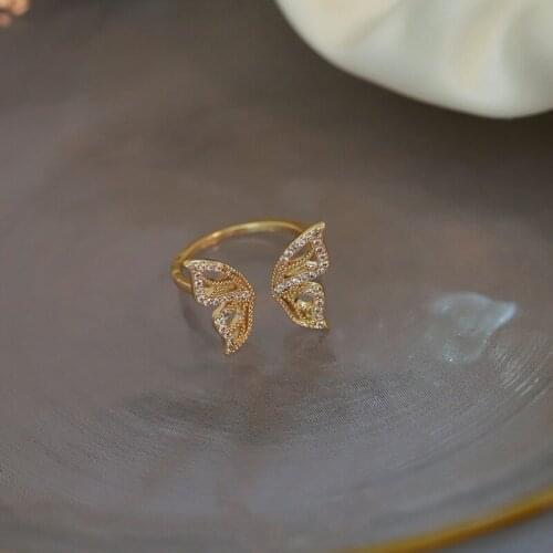 Korean Fashion Inlaid Zircon Butterfly Ring Retro Trend Female Niche Design High Sense of Cold Wind Open Rings for Women Jewelry