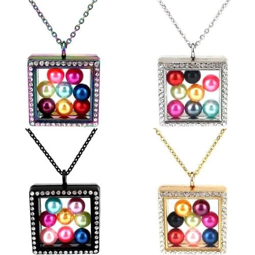 Square Rhinestone Glass Pendant Necklace fit 8mm Beads Pearl Cage Gold Silver Locket Pendant with 50cm Steel Chains
