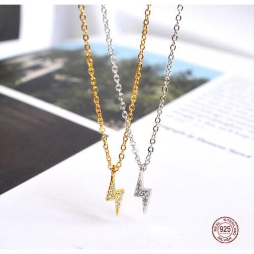 LKO 925 Sterling Silver Delicate Lightning Necklace Shiny Full Diamond Zircon Geometric Pendant Necklaces For Girlfriend Gifts