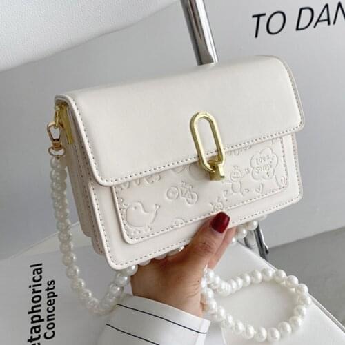 Small Pu Leather Shoulder Bags for Women Pearl Chain Crossbody Bags Ladys Cute Printing Messenger Bag Simple Square Handbags Sac