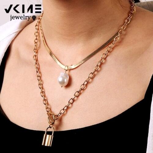 VKEM Multilayer Pearl Buckle Lock Necklace For Women Layered Pendant Necklaces TRENDY Gift New Jewelry