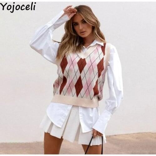Yojoceli Fashion geometric women knitted vest Autumn casual cool elegant sweater vest Female basic knitting tops pullover