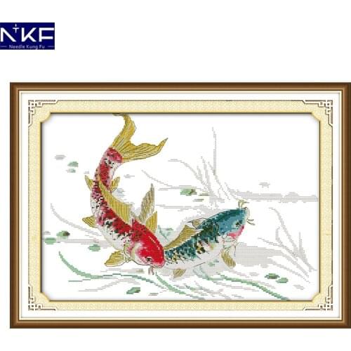 NKF Playing Carps Pattern DIY Kits Handmade Craft Needlework Cross Stitch Set Embroidery Animal Design Stitching Home Decor