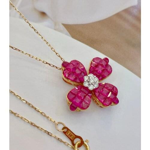 LR716 Solid 18K Gold Diamond Nature Flower Red Ruby 3.2ct Gemstones Females Classic Diamonds Jewelry Necklaces