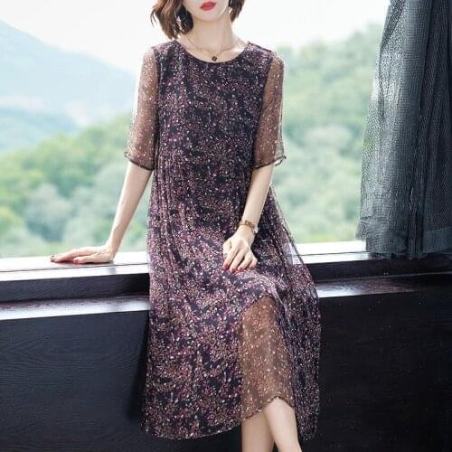 Dresses for Women 2021 Summer Elegant Print Half Sleeve Casual Dress Womens O Neck Imitate Silk Vintage Party Midi Vestidos Y994