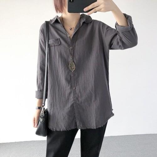 2021 Spring Autumn Loose Korean Style Cotton And Linen Shirt Loose Button Lapel Blouses Solid Color Offcie Work Bottoming Tops