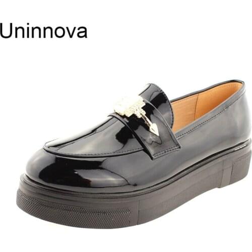 Uninnova Round Toe Women Crystal Strass Glossy Patent Leather Wedge Pumps Med Heel Court Shoes Small Size 33 Plus Size 43 WP073