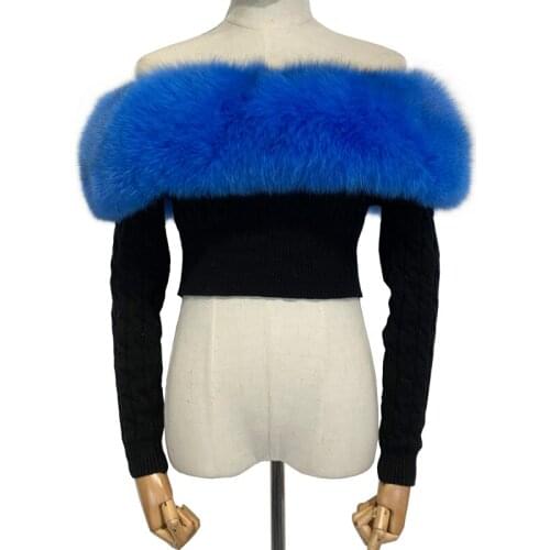 2021 Spring Stylish Fur Sweater Ladies Real Fox Fur Off-Shoulder Top Natural