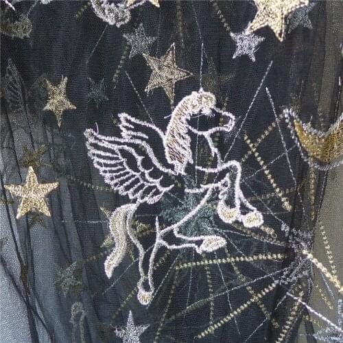 Embroidered Stars Horse Moon Tulle Lace Fabric With Thread Navy Blue Champagne Black Color Skirt Lace Fabric 1 Yard