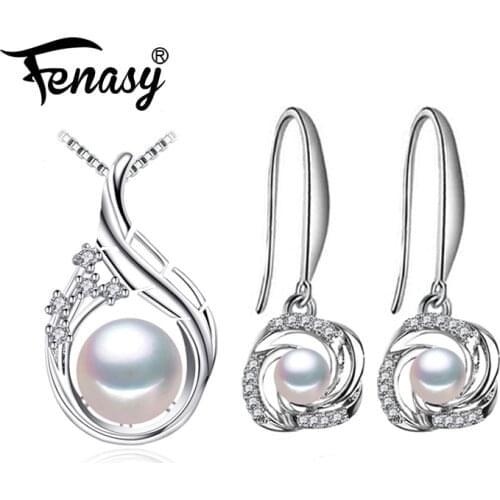 FENASY Pearl Jewelry wedding engagement jewelry sets,Natural Pearl pendant Necklace women/flower earrings,cute stud earrings