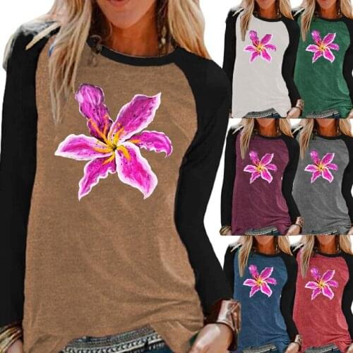 Women Clothing Fashion Printing Elegent Round Neck Loose Casual Shirt Plus Size Raglan Long Sleeve Autumn and Winter Tops