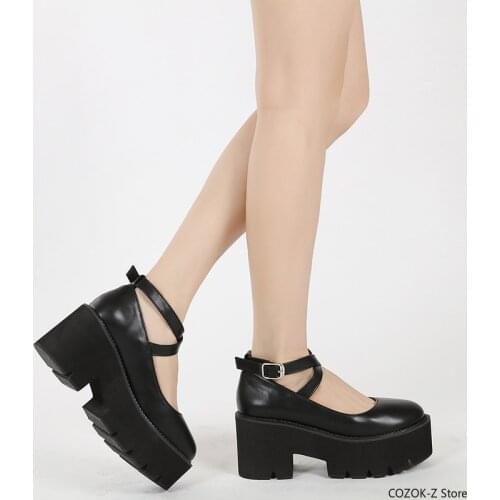 Womens Pump Gothic Shoes Ankle Strap High Chunky Heels Platform Punk Creepers Shoes Female Fashion Buckle Comfortable