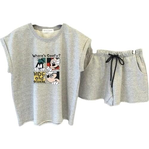 Disney Summer Cartoon Mickey Korean Loose Sleeveless T-shirt+shorts Suits Women Elastic Wide Leg Short Women Fashion Blouse Tops
