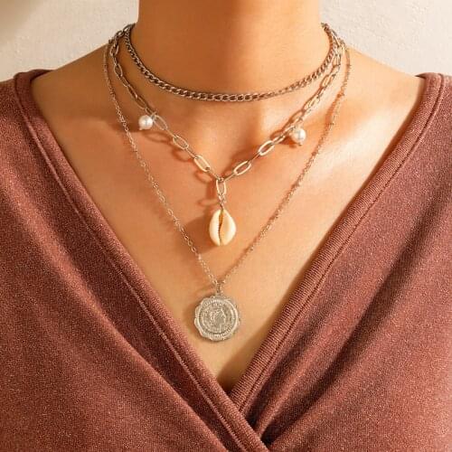 HuaTang Bohemian Shell Pearl Pandent Necklace for Women Vintage Portrait Layered 2021 Fashion Female Party Jewelry Collar 18523