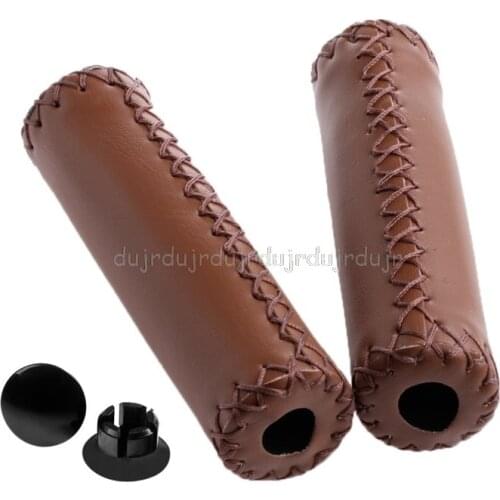 1Pair Brown Stitched Leather MTB BMX Road Mountain Cycling Bike Bicycle Handlebar End Grips N06 dropship