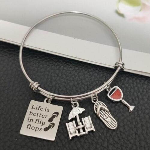 2.5 inches Beach Expandable Bangle Life is Better in Flip Flops Wine Charms Bracelets Gift for Beach Lovers