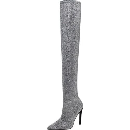 2019 Autumn Winter Thin Leg Pointed Toe Over The Knee Boots Women Sequins Cloth High Heels Shoes Female Stretch Boots WB1501
