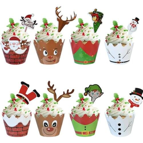 24Pcs Christmas Cake Paper Cup And Topper Set Merry Christmas Snowman Santa Claus Cake Decoration Baking Paper Wrapper Supplies
