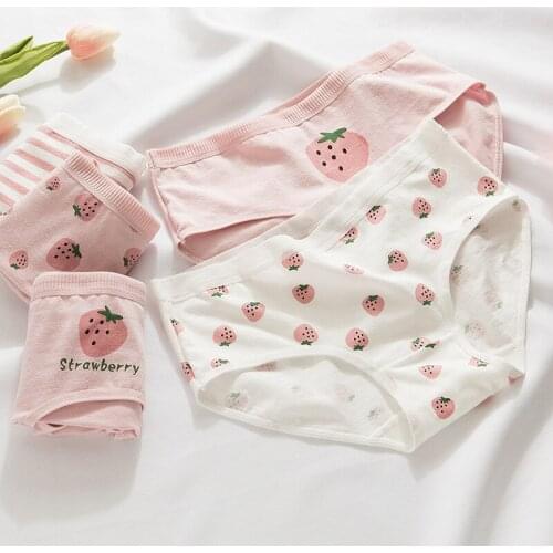 3 Pcs Panties Pink Strawberry Cotton Panties Girl Mid-waist Cute Student Soft Female Breathable Brisfs Teen Underwear for Woman