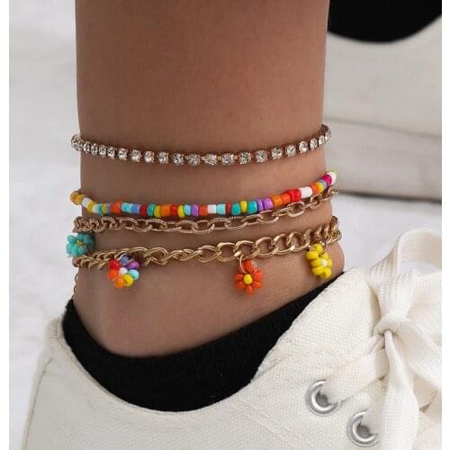 4 Pcs/Set Sweet Crystal Chain Flower Beads Anklets Set Cute Fashion Foot Chain Beach Anklet for Women Jewelry Gifts