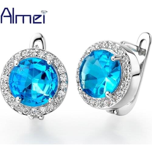 Almei Earrings Oorbellen Silver Color Fashion Round Zirconia Ocean Blue Crystal Studs Earring 2017 Women Wedding Jewelry R143