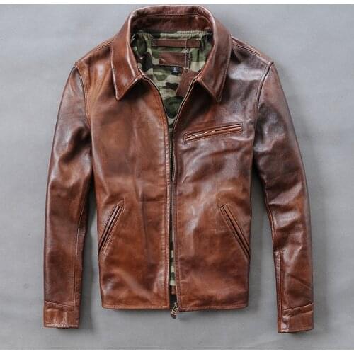 Amerian cowboy style vintage cow slim fit biker jacket for brown genuine leather coat men