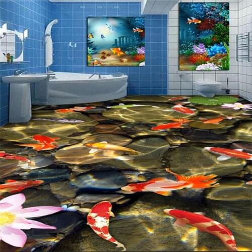 Beibehang Custom non-woven wallpaper 3D carp lotus pebble bathroom kitchen floor tiles background painting