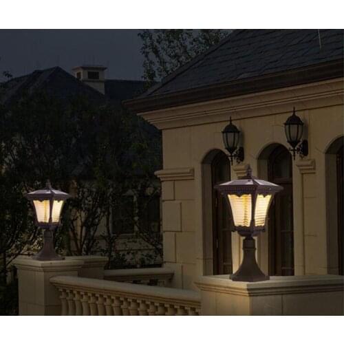 Free Shipping Waterproof Solar Pillar Lamp Aluminum Column Light Lantern Lighting Fixture with E27 Bulb