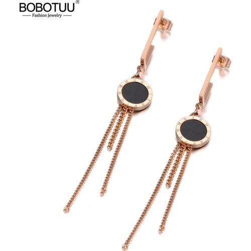 BOBOTUU Titanium Stainless Steel Black Acrylic Roman Numerals Tassel Earrings Trendy Bohemia Dangle Earrings For Women BE19255