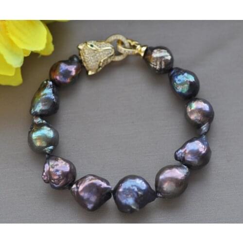 Z11064 8" 15mm Peacock-Black Almost Round KESHI Pearl Bracelet CZ