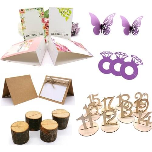 10pcs Number Table Card Nature Wood Table Place Card Holder Wedding Party Decoration Wine Glass Paper Butterfly Diamond Ring